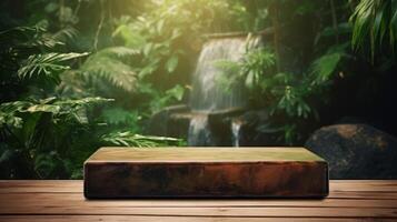 AI generated Wooden Podium With Forest Waterfall Background photo