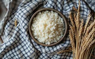 AI generated Raw White Rice Overflowing from a Porcelain Bowl photo