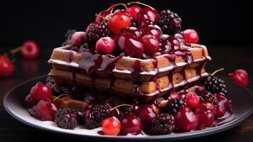 AI generated Delicious Waffles Topped with Berries and Syrup photo