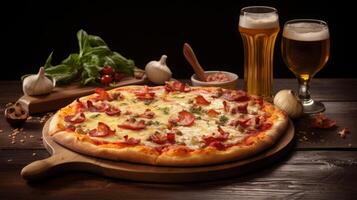 AI generated Pizza and Beer on Wooden Table photo