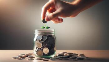 AI generated Hand planting coin, sapling growing in glass jar photo