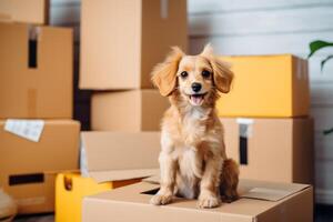 AI generated small dog sitting in front of boxes photo