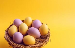 AI generated some eggs in a basket on a yellow background photo