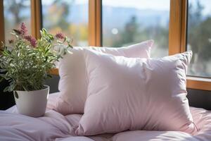 ai generado el almohadas son en un cama lleno con un blanco edredón foto