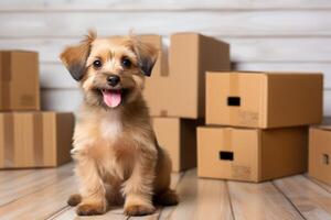 AI generated small dog sitting in front of boxes photo