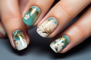 AI generated the manicure design has beautiful floral designs photo