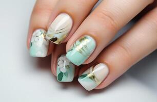 AI generated the manicure design has beautiful floral designs photo