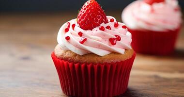 AI generated strawberry with white cream on raspberry cupcakes photo