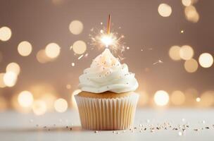 AI generated tiny cupcakes with a sparkler on top photo