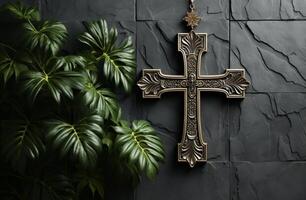 AI generated wood cross hanging on a palm leaf on abstract concrete background photo