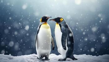 ai generado dos pingüinos en pie en el nieve antecedentes foto