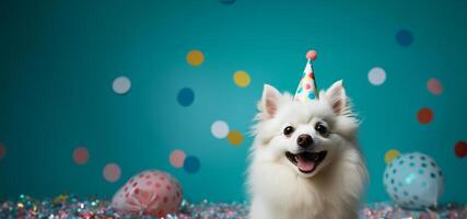 AI generated white dog with a party hat on his nose photo