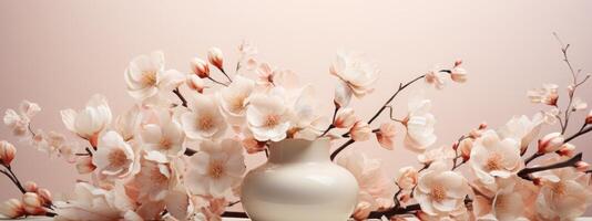 AI generated peach pink flowers with leaves in a vase photo