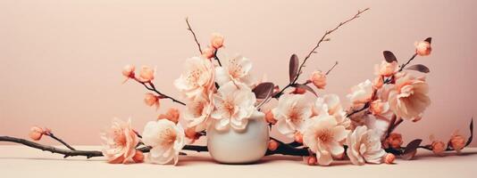 ai generado melocotón rosado flores con hojas en un florero foto