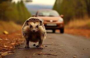 AI generated hedgehog walking on a roadway in front of a car photo