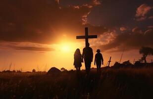 AI generated silhouette of a family walking through the field, with an empty cross in the background photo