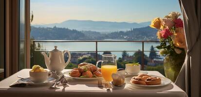 AI generated in suite gourmet breakfast on a tray overlooking the lake photo