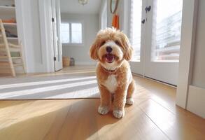 AI generated dog in indoor photo sitting by front door