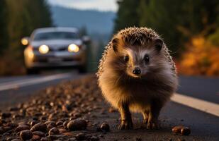 AI generated hedgehog walking on a roadway in front of a car photo