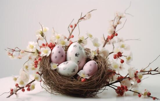 ai generado Pascua de Resurrección huevos y ramas en vacío nido en blanco antecedentes foto