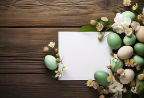 ai generado vacío blanco sobre con Pascua de Resurrección huevos en natural madera foto