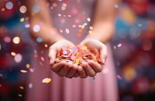 AI generated woman hand holding colorful confetti with pink background photo