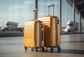 AI generated two yellow luggages with an airplane in the background photo