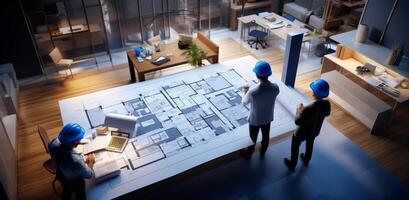 AI generated two construction workers in hard hats working on blueprints in an office photo