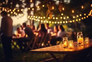 AI generated people sit at an outdoor party with string lights up photo