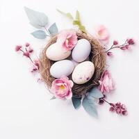 AI generated colored eggs and leaves on white background photo