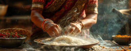 AI generated woman at plate, putting dumplings on the table photo