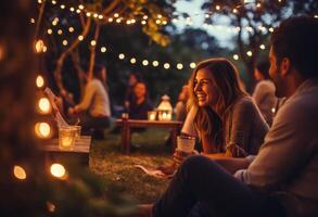 AI generated people sit at an outdoor party with string lights up photo