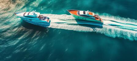 ai generado lujo yates y barco en Oceano en basado en drones aéreo ver foto