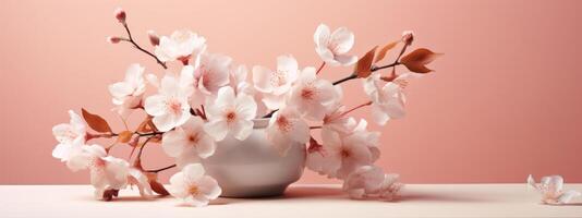 AI generated peach pink flowers with leaves in a vase photo