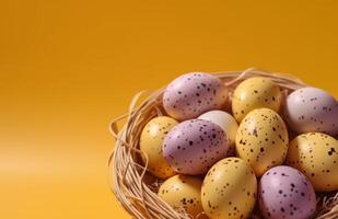 AI generated some eggs in a basket on a yellow background photo