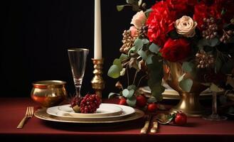 AI generated table with valentine's day style flowers and table setting photo