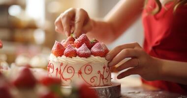 ai generado fresa escarchado magdalena con mano adorno mujer preparando un cumpleaños pastel foto