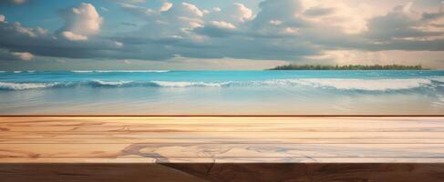 AI generated wooden table with beach on top photo