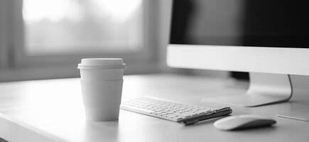 AI generated white table and computer with pen and paper, and a paper cup photo