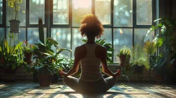 ai generado un sereno escena de un mujer de negocios practicando yoga en un vistoso oficina espacio foto