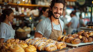 AI generated people choosing pastries and bread from a colorful display in a charming bakery photo