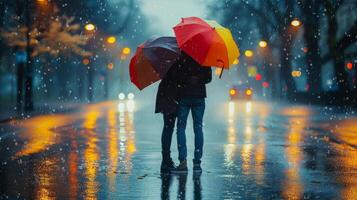 AI generated A playful and romantic photo of a couple dancing in the rain