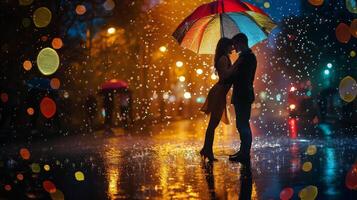 AI generated A playful and romantic photo of a couple dancing in the rain