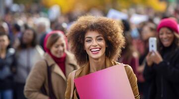 AI generated a woman is smiling while holding up a sign in front of a crowd of people photo