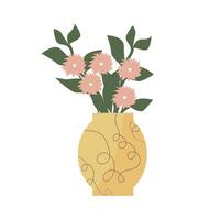 Spring or summer flower bouquet in decorative vase with gold. Vector illustration can used for sticker, wallpaper, greeting card. Golden decor on pot and spring flowers.