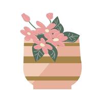 Flower bouquet in decorative pink vase with gold. Vector illustration can used for sticker, wallpaper, greeting card. Golden decor on pot and home plant flowers.