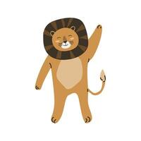 Cute jungle wild animal character - lion in scandinavian style. Vector illustration in flat style. Isolated vector icons of wild jungle baby animal character standing. Can used for cards, background.