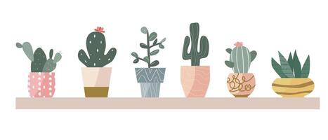 escandinavo planta de casa cactus en ollas con dorado decoración. vector ilustración de suculento flor en decorativo maceta. moderno hogar plantas antecedentes.