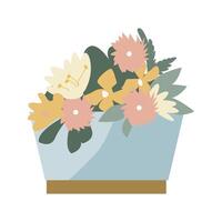 Flower bouquet in decorative vase with gold. Vector illustration can used for sticker, wallpaper, greeting card. Golden decor on pot and spring flowers.