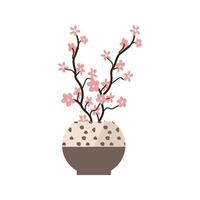 Hand drawn spring branch cherry sakura in decorative vase. Vector illustration for interior poster, banner and greeting card. Can use for decoration sticker for notebook cover, wallpaper.